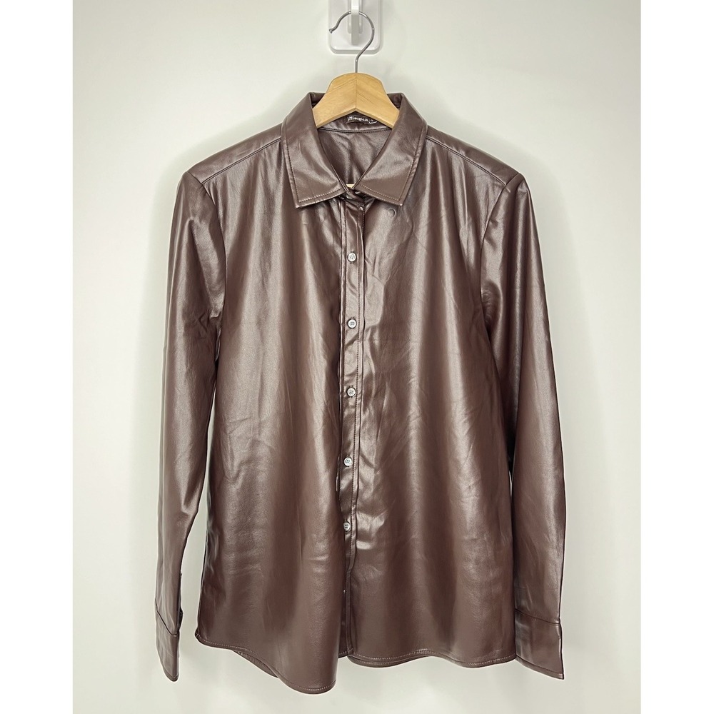 J. Mclaughlin Leather Textured Long Sleeve Button Blouse‎ Womens Large Brown Top